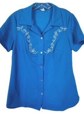 Vtg 60s 70s Royal Blue Western Rockabilly Bowling Shirt Blouse White Embroidery